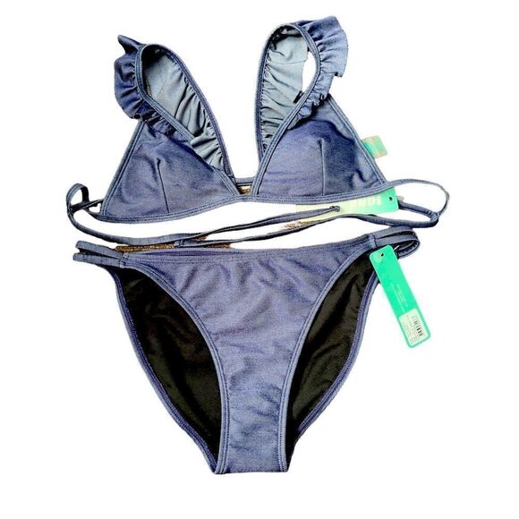 sand castle Navy Solid Ruffle Bikini Set Size Large - Picture 1 of 14